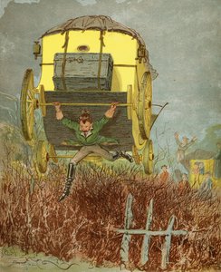 Le baron de Münchhausen transporte sa voiture sur une route étroite, des 